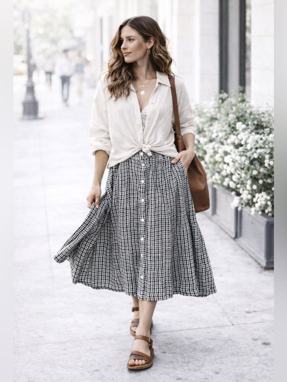 Vintage Kathie Lee Plaid Midi Skirt Button Front A-Line Polyester Rayon Blend
